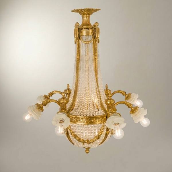 Empire Neoclassical Crystal Basket Chandelier with Brass Arms & Beaded Drapes — handcrafted by Brass & Wood