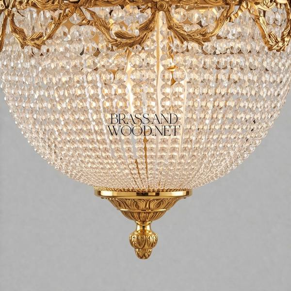 Neoclassical Brass & Crystal Empire Basket Chandelier - Crown Acanthus Crown — handcrafted by Brass & Wood