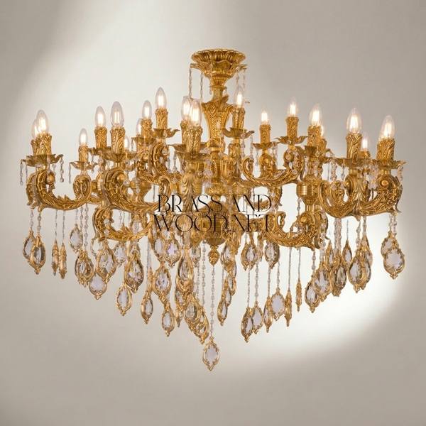 Baroque Crystal Brass Chandelier 18-Arm with Cascading Crystal Pendants — handcrafted by Brass & Wood
