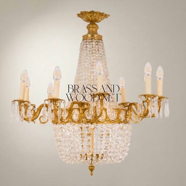 Empire Brass & Crystal Basket Chandelier - 10-Arm Acanthus Crown Canopy — handcrafted by Brass & Wood