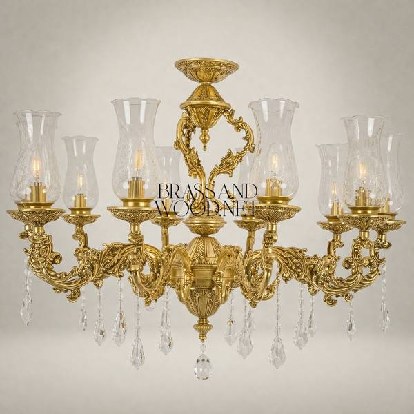 Baroque Brass 8-Arm Chandelier with Hurricane Glass Shades & Crystal Drops — handcrafted by Brass & Wood