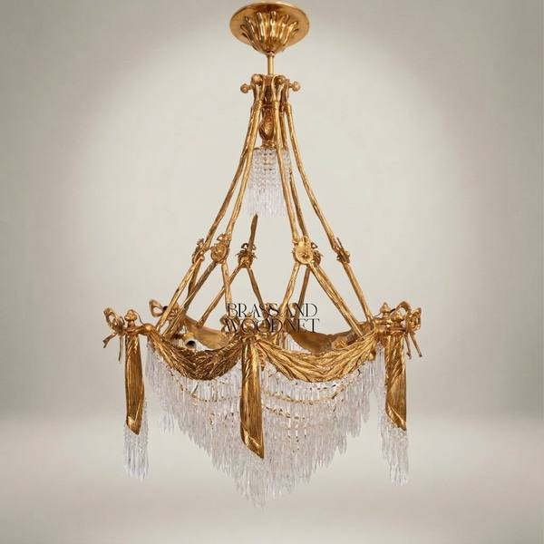 Empire Neoclassical Brass & Crystal Chandelier with Draped Swag and Icicle Drops — handcrafted by Brass & Wood