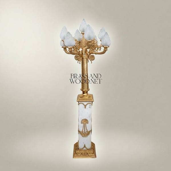 Empire Neoclassical Six-Arm Floor Lamp with Alabaster Column & Frosted Flame Shades — handcrafted by Brass & Wood