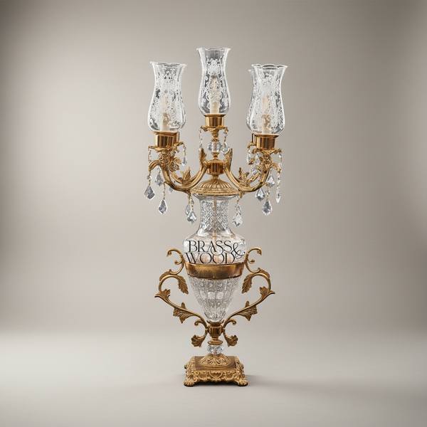 Classical Crystal & Brass Candelabra Table Lamp - 3-Arm Urn Body with Crystal Pendants — handcrafted by Brass & Wood