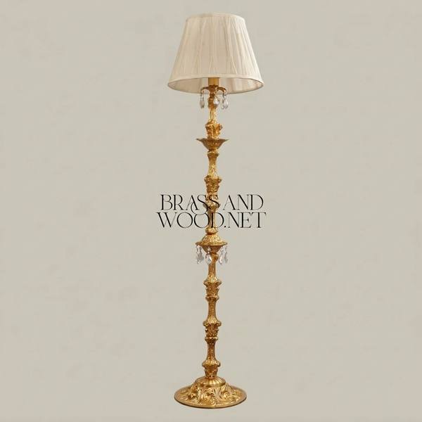 Baroque Hand-Carved Brass Floor Lamp with Crystal Drops & Pleated Ivory Shade — handcrafted by Brass & Wood