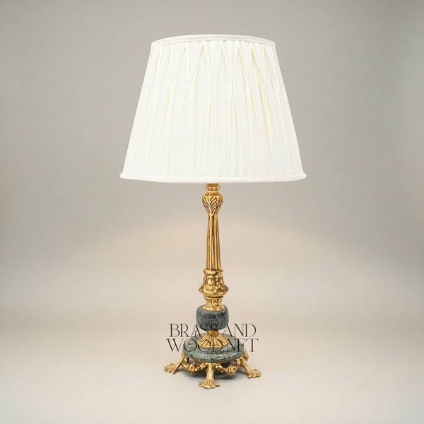 Classical Brass & Marble Table Lamp - Ornate Fluted Column with Pleated Shade — handcrafted by Brass & Wood