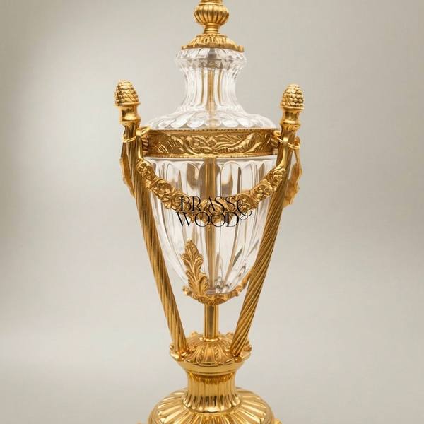 Louis XVI Crystal Urn Table Lamp with Brass Garland & Pinecone Finials — handcrafted by Brass & Wood