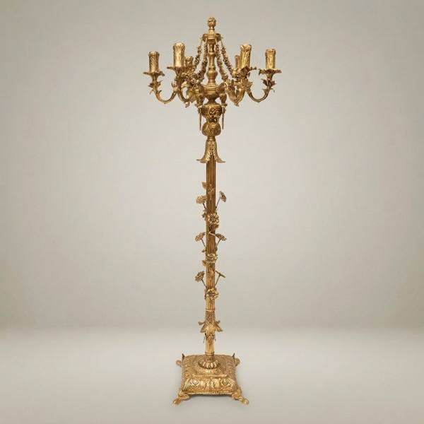 Baroque Brass Six-Arm Floor Candelabra with Floral Column & Claw-Foot Base — handcrafted by Brass & Wood