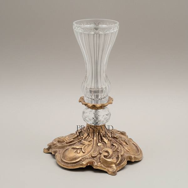 Baroque Crystal & Brass 3-Arm Candelabra Table Lamp with Etched Glass Shades — handcrafted by Brass & Wood