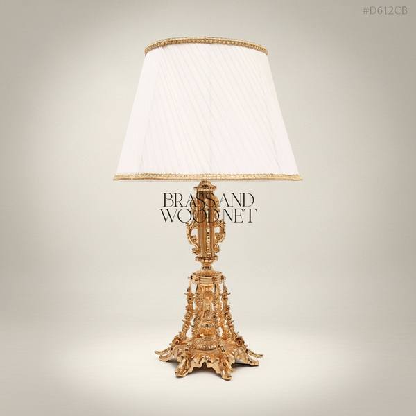 Baroque Brass Table Lamp - Ornate Scrollwork Column with Pleated Shade — handcrafted by Brass & Wood