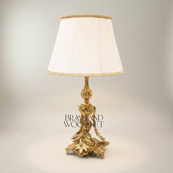 Rococo Brass Table Lamp - Acanthus Leaf Sculptural Base — handcrafted by Brass & Wood