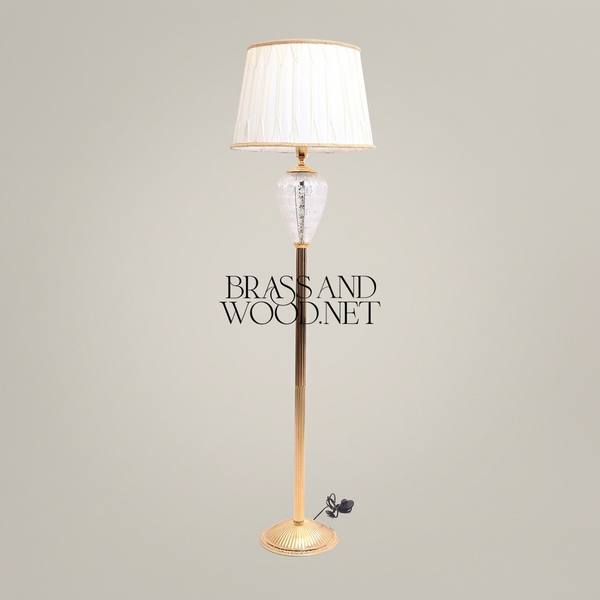 Neoclassical Brass Floor Lamp with Engraved Crystal Urn & Pleated Shade — handcrafted by Brass & Wood