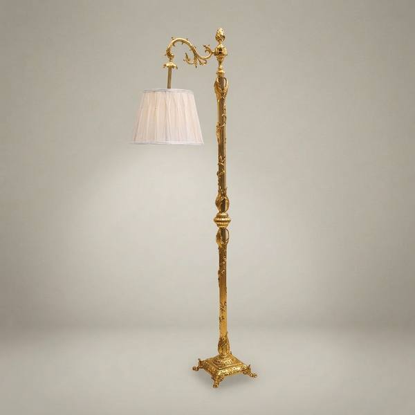Rococo Brass Floor Lamp with Swing Arm & Acanthus Column — handcrafted by Brass & Wood