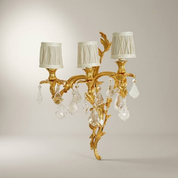 Louis XV Rococo Brass & Crystal 3-Arm Wall Sconce with Acanthus Scrolls — handcrafted by Brass & Wood