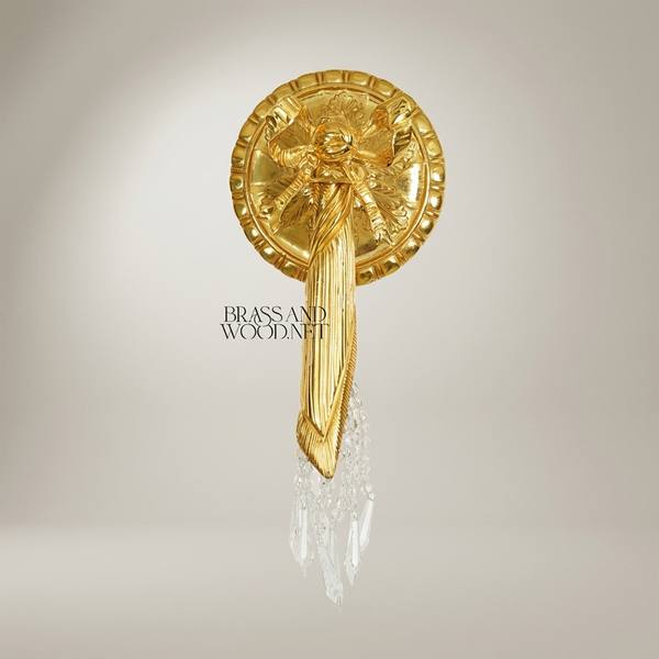 Neoclassical Brass Wall Sconce with Rosette Backplate & Crystal Drops — handcrafted by Brass & Wood