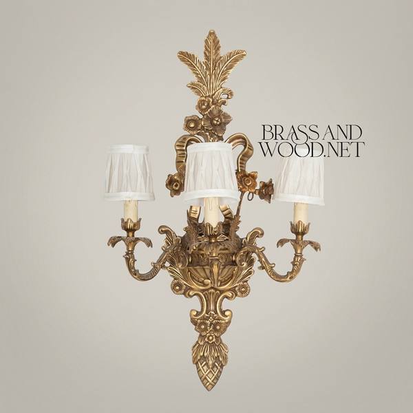 Baroque Brass 3-Arm Wall Sconce with Acanthus & Floral Crest — handcrafted by Brass & Wood