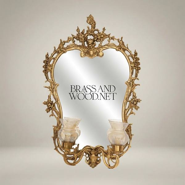Rococo Brass Wall Mirror with Twin Candle Sconces and Cherub Crest — handcrafted by Brass & Wood