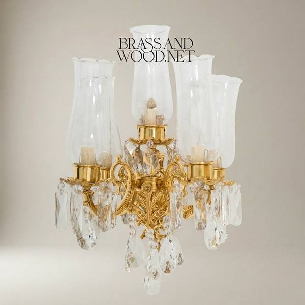 Rococo 5-Arm Wall Sconce with Crystal Drops & Hurricane Glass Shades — handcrafted by Brass & Wood