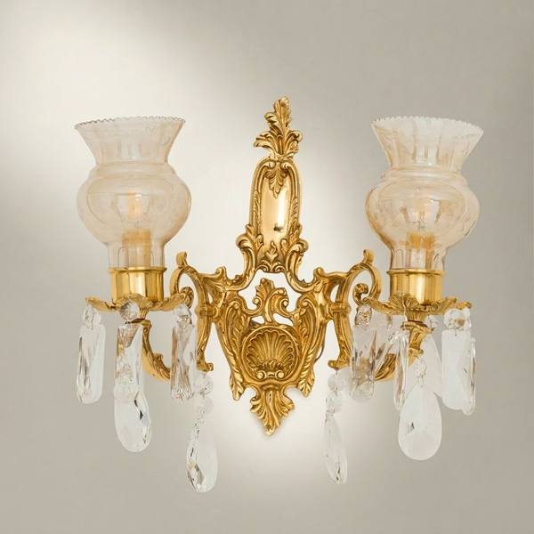 Rococo Twin-Arm Brass Wall Sconce with Crystal Drops & Etched Glass Shades — handcrafted by Brass & Wood