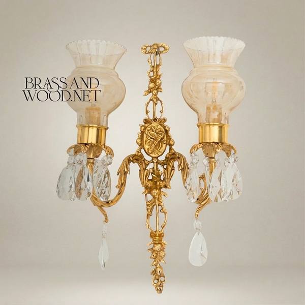 Louis XVI Brass Wall Sconce - Twin Arm Crystal Pendants & Fluted Glass Shades — handcrafted by Brass & Wood