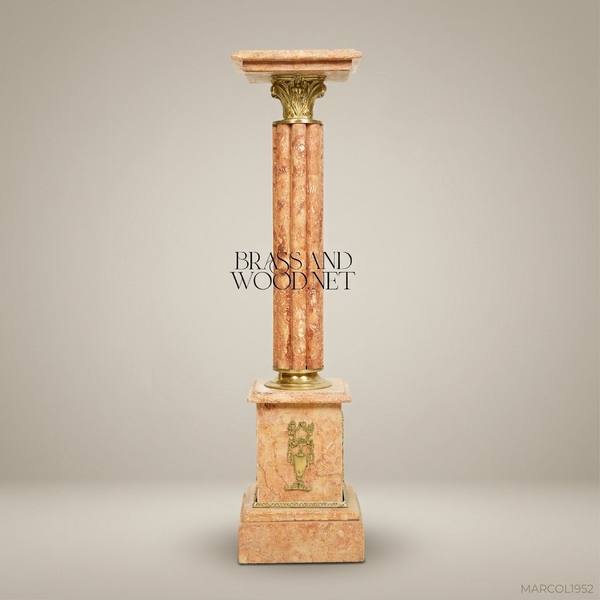 Neoclassical Marble Column Pedestal with Brass Corinthian Capital — handcrafted by Brass & Wood