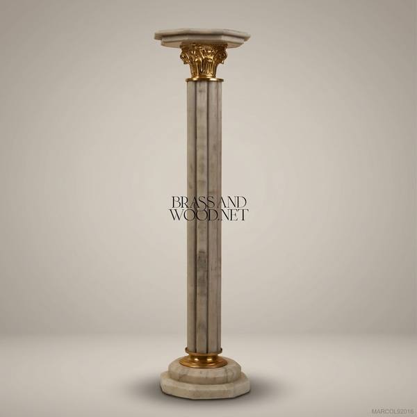 Neoclassical Marble Pedestal Column with Gilded Corinthian Capital — handcrafted by Brass & Wood