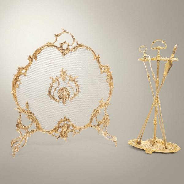 Louis XV Rococo Brass Fireplace Screen & Tool Set - Shell Cartouche Mesh — handcrafted by Brass & Wood