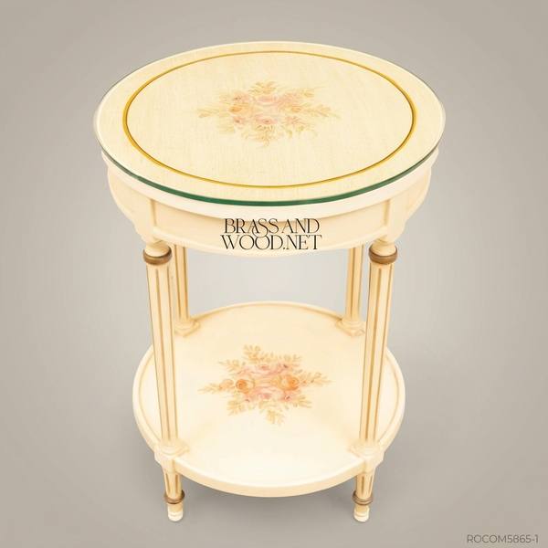 Louis XVI Neoclassical Oval Guéridon Side Table — Ivory Painted Fluted Columns with Hand-Painted Rose Medallion & Green Glass Top — handcrafted by Brass & Wood