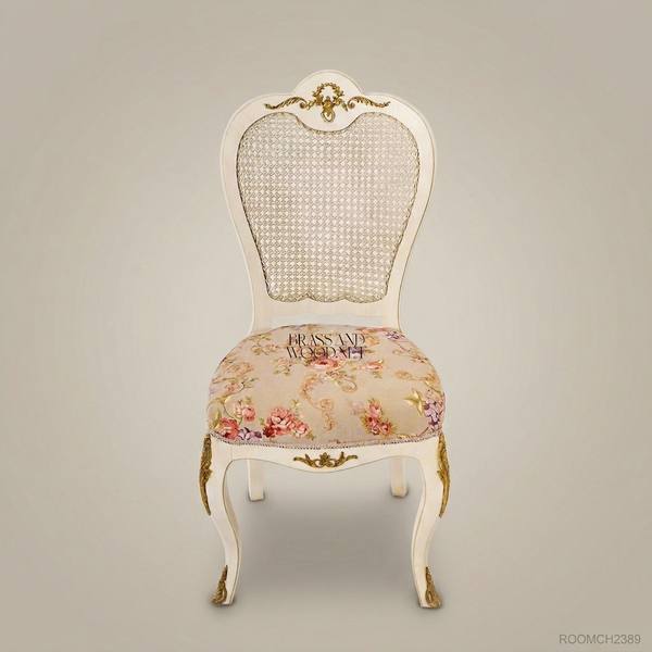 Louis XV Cane-Back Dining Chair with Floral Tapestry & Gilt Brass Accents (Without Arms) — handcrafted by Brass & Wood