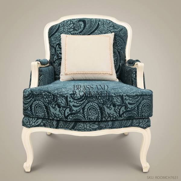 Louis XV Bergère Salon Chair – Teal Paisley Fabric & Ivory Lacquer Frame — handcrafted by Brass & Wood