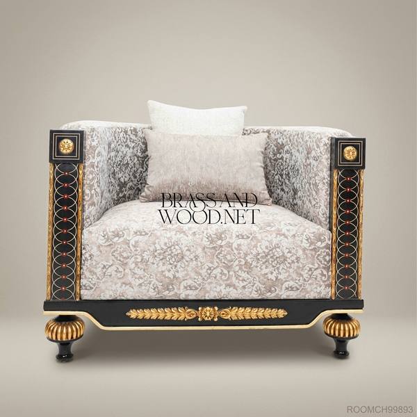 Empire Salon Armchair with Gilt Wood Frame & Damask Upholstery — handcrafted by Brass & Wood