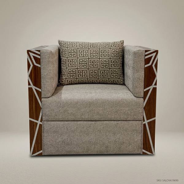Contemporary Geometric Hardwood & Linen Salon Armchair — handcrafted by Brass & Wood
