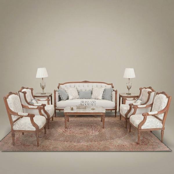 Louis XVI Heritage Salon Set — Hand-Carved Tufted Hardwood Frame — handcrafted by Brass & Wood