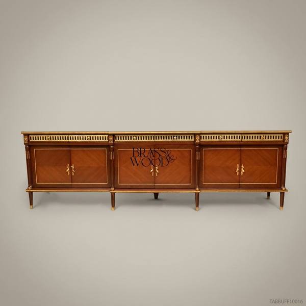 Brass & Wood Louis XVI Marquetry Buffet with Brass Gallery & Ormolu Mounts — handcrafted by Brass & Wood