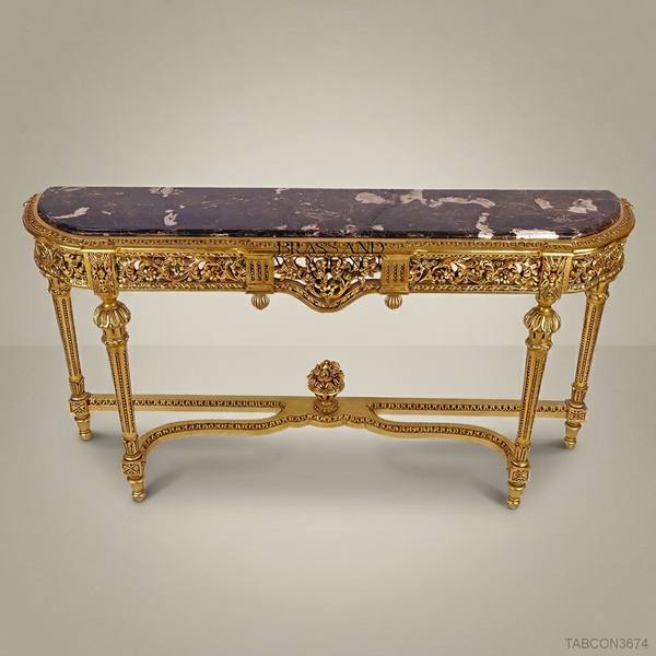 Louis XVI Giltwood Console Table with Marble Top & Floral Carvings — handcrafted by Brass & Wood