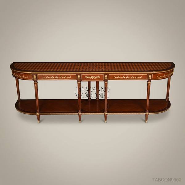 Louis XVI Neoclassical Console Table | Parquetry Top & Ormolu Mounts — handcrafted by Brass & Wood