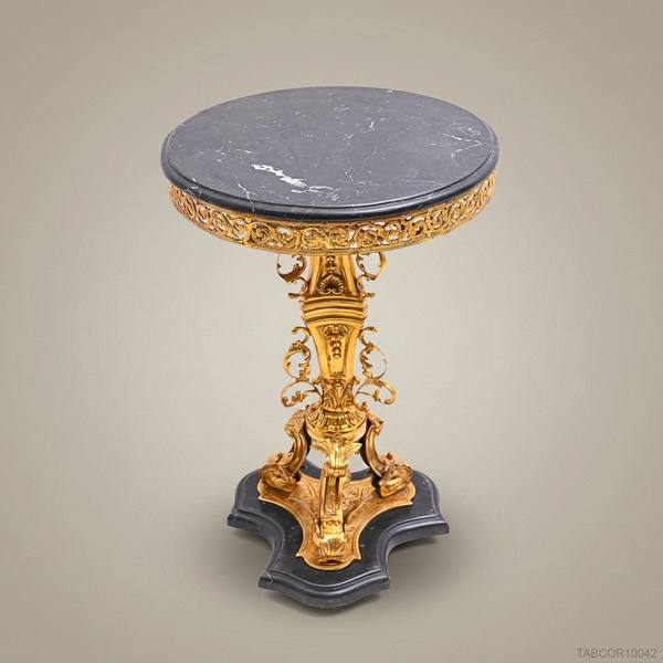 Rococo Brass Corner Table with Black Marble Top & Gold Ormolu Pedestal — handcrafted by Brass & Wood