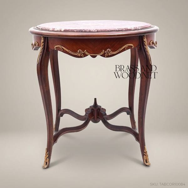 Louis XV Round Corner Table with Rouge Marble Top & Gilt Brass Mounts — handcrafted by Brass & Wood