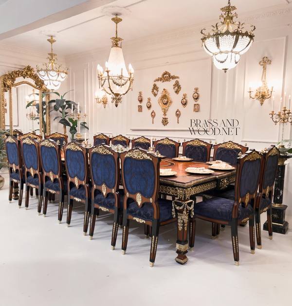 Empire Gilt Dining Suite with Marquetry Buffet & Damask Chairs — handcrafted by Brass & Wood