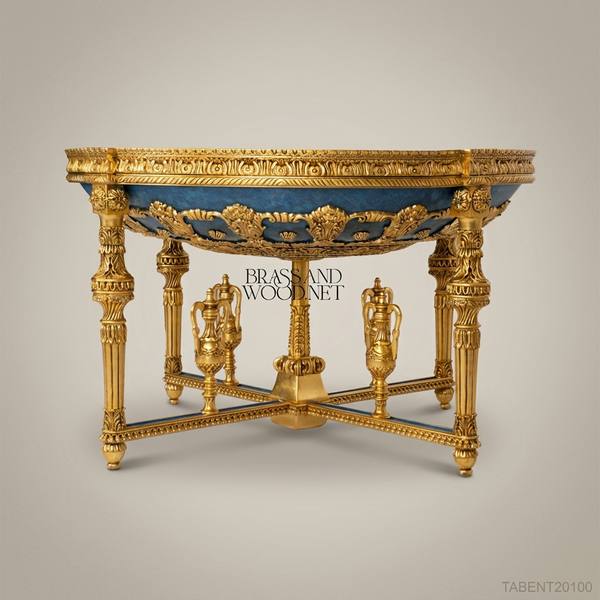Louis XVI Neoclassical Round Centre Table — Gilt Carved Frame with Blue Panel Apron & Urn Stretcher — handcrafted by Brass & Wood