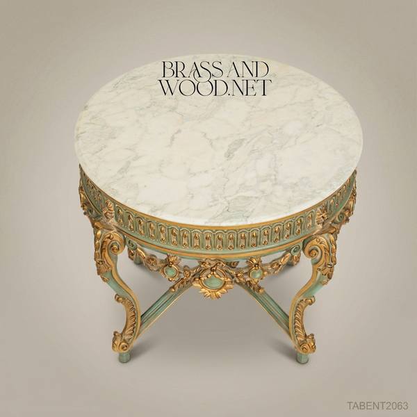 Louis XV Rococo Round Entry Table - Sage Green & Gold Carved Base with Calacatta Marble Top — handcrafted by Brass & Wood