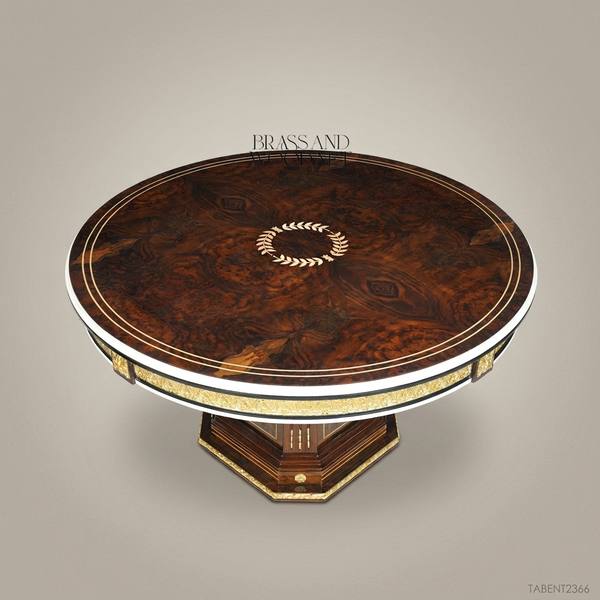 Empire Burr Walnut Round Entry Table with Gilt Laurel Marquetry & Ormolu Apron — handcrafted by Brass & Wood