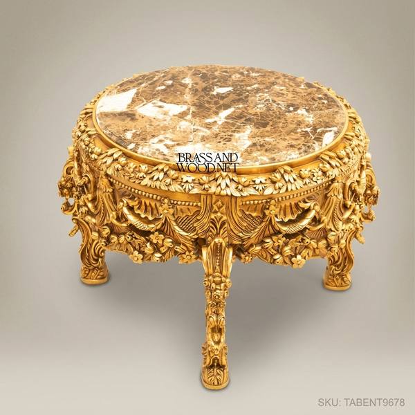 Baroque Rococo Round Entryway Table – Gold Leaf & Emperador Marble — handcrafted by Brass & Wood