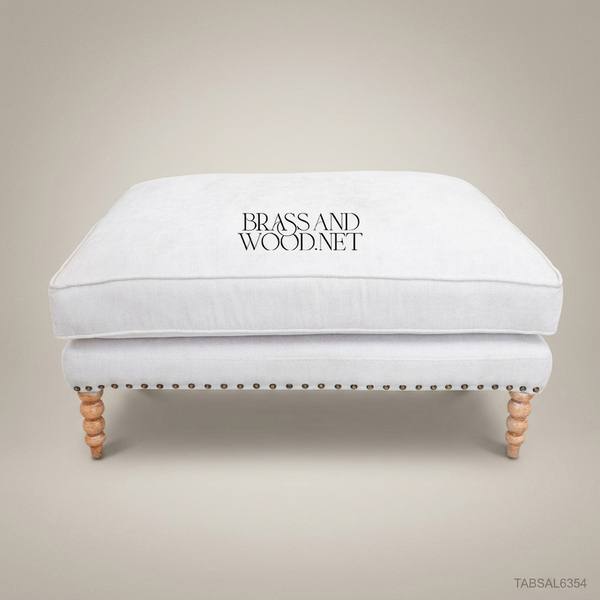 Neoclassical Salon Ottoman with Turned Legs & Nailhead Trim — handcrafted by Brass & Wood