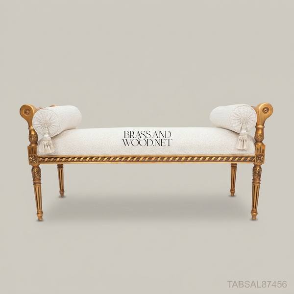 Louis XVI Gilded Wood Salon Banquette with Rolled Arms & Bouclé Upholstery — handcrafted by Brass & Wood