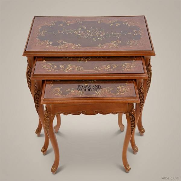 Louis XV Nesting Side Tables – Inlaid Marquetry & Carved Gold-Leaf Wood — handcrafted by Brass & Wood