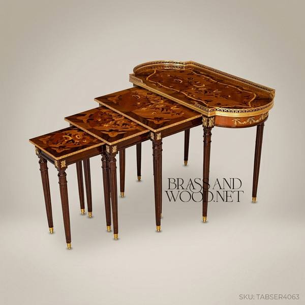 Louis XVI Marquetry Nesting Tables Set – Gilded Brass & Inlaid Hardwood — handcrafted by Brass & Wood