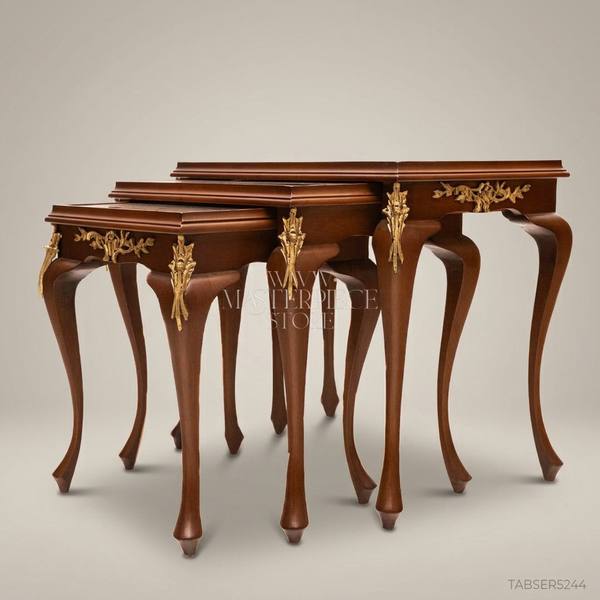 Louis XV Nesting Tables Set – Carved Walnut & Antique Brass Ornaments — handcrafted by Brass & Wood