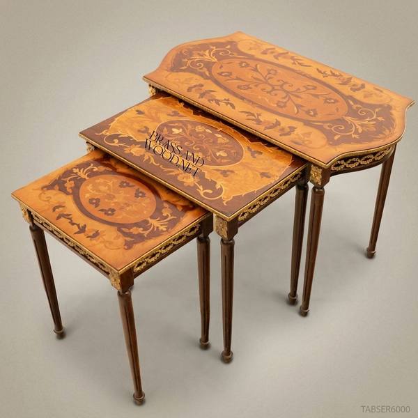 Louis XVI Neoclassical Nesting Tables – Marquetry & Gilt Bronze — handcrafted by Brass & Wood