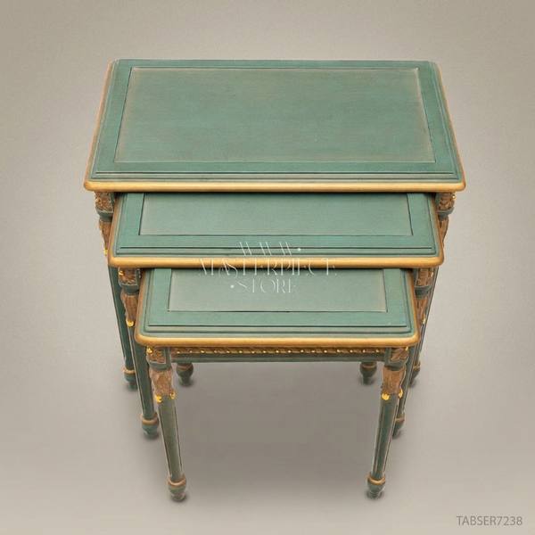 Louis XVI Nesting Tables – Sage Green & Gold Leaf Carved Wood, Set of 3 — handcrafted by Brass & Wood